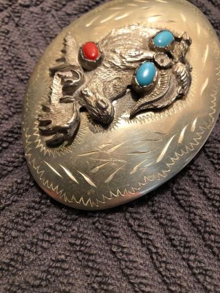 Vintage SILVER NATIVE AMERICAN BELT BUCKLE Turquoise & Red Coral 80.  8 Grams 5