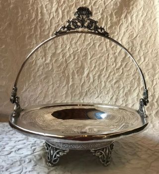Lovely Antique Silver Plate Bridal Wedding Basket With Handle Ornate Footed