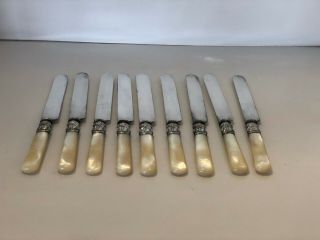10 Dinner Knives Mother of Pearl Handles Sterling Silver Band 2