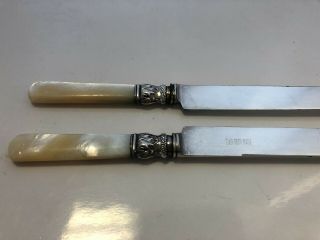 10 Dinner Knives Mother of Pearl Handles Sterling Silver Band 3