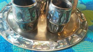 Antique Signed Sm Silver Mexican Abalone Shot Glasses And Tray Hecho En Mexico