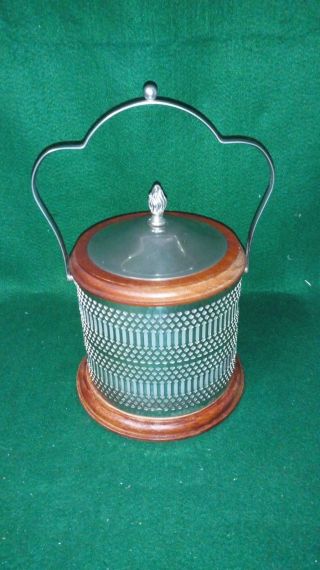 Vintage Wood And Pierced Silver Plate Biscuit Barrel