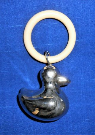 Vintage Silver Duck Baby Rattle W/ Bakelite Teething Ring