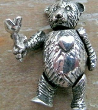 Hallmarked Sterling Silver Articulated Teddy Bear Holding Rose Pendant Fob Charm