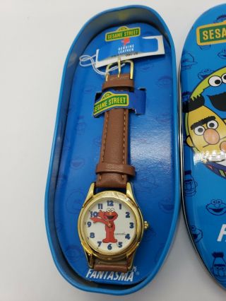Sesame Street Elmo Hands Watch By Fantasma 1995 Vintage Leather Band In Tin