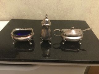 Vintage Silver Plated Cruet Set With Glass Blue Liner