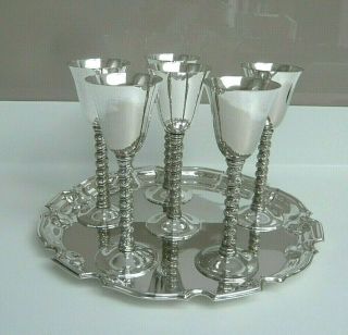 Set Of 6 Silver Plated Wine Goblets With Silver Plated Tray