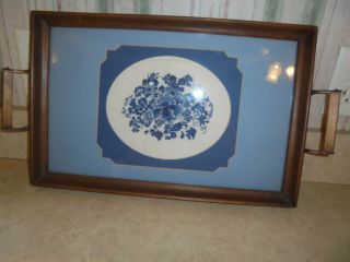 Vintage Wooden Serving Tray With Glass Insert - Has Blue Floral Cross Stitch Inser