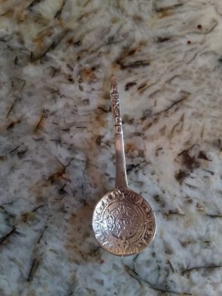 Vintage Mexico 152 Sterling Silver Souvenir Spoon Aztec Calendar Round Bowl 3.  5 "
