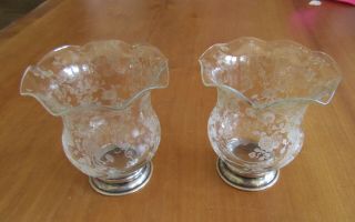 Sterling Silver & Etched Glass Antique Mini Vases Or Candle Holders