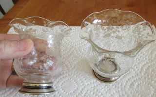 sterling silver & etched glass antique mini vases or candle holders 3