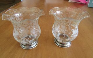 sterling silver & etched glass antique mini vases or candle holders 5