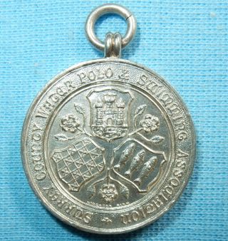 Antique 1926 Pocket Watch Fob Medal Water Polo Swimming Sterling Silver 10.  9 G