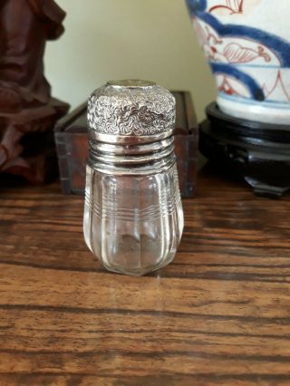 Antique Silver Topped Perfume Bottle,  Unmarked Silver,  Embossed Design,  Stopper