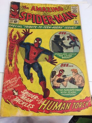 Spider - Man 8 - Marvel Comic Book - 1964 Human Torch 1st Appearance