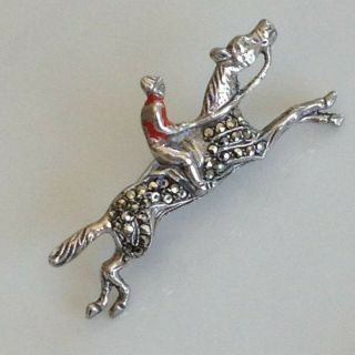 Vintage Silver And Marcasite Brooch,  Racehorse And Jockey