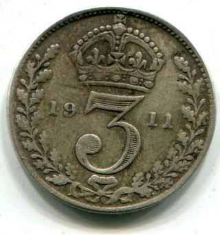 1911 Solid Sterling Silver Vintage Retro Threepence King George V Britain Uk