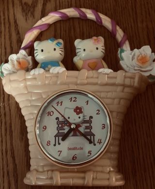 Rare Vintage Hello Kitty Basket Quartz Clock W/ Moving Hello Kittys