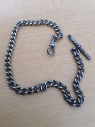 Vintage Brass & Metal Pocket Watch Chain With T Bar & Dog Clip - 300mm.