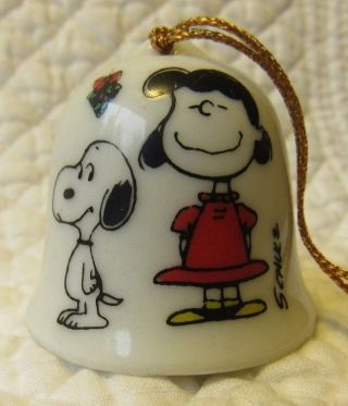 Vintage Peanuts Christmas Bell Ornament Lucy & Snoopy Miniature 1.  5 " Tall