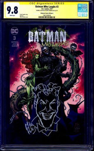 Batman Who Laughs 3 Variant Cgc Ss 9.  8 Signed Joker Sketch Mike Perkins Nm/mt