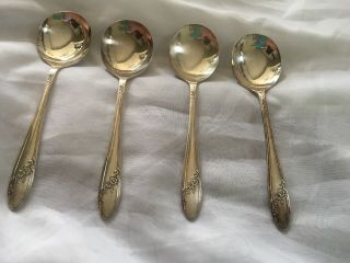 4 Four Oneida Community Queen Bess Ii Round Soup Spoons Gumbo Tudor Plate