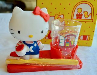 Vintage Hello Kitty Toothbrush Holder And Cup Set On Base 1976 Sanrio W/box
