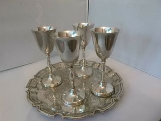 Vintage Cavalier Silver Plate Wine Port Goblets And Serving Tray Hall Marked
