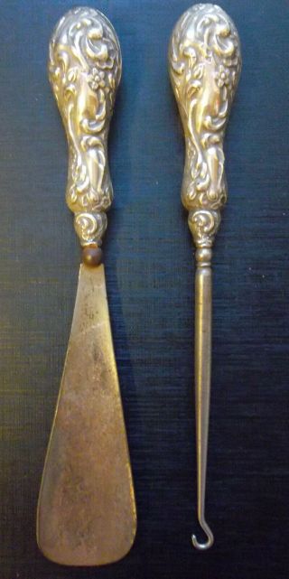 Large Silver Handled Button Hook And Shoe Horn Hallmarked 1913 Matching Set