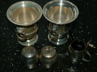 Silver Plated Pepper Pots X 2 (not Salt & Pepper) Mustard Pot,  2 Egg Cups Cruet
