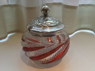 Antique John Henry Potter Silver Plated And Cranberry Glass Honey Pot