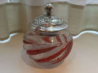 ANTIQUE JOHN HENRY POTTER SILVER PLATED AND CRANBERRY GLASS HONEY POT 2