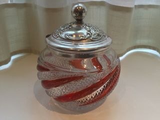 ANTIQUE JOHN HENRY POTTER SILVER PLATED AND CRANBERRY GLASS HONEY POT 3