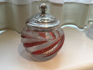 ANTIQUE JOHN HENRY POTTER SILVER PLATED AND CRANBERRY GLASS HONEY POT 4