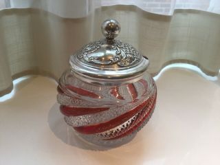 ANTIQUE JOHN HENRY POTTER SILVER PLATED AND CRANBERRY GLASS HONEY POT 5