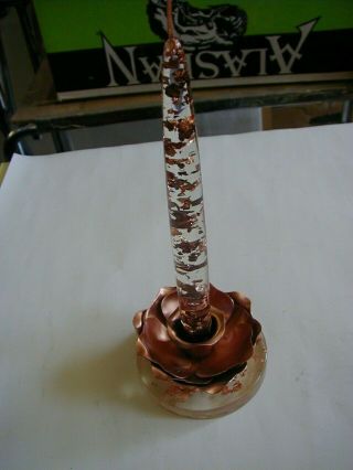 Vintage Copper Colored Lucite Candle And Holder Copper Flakes Clear 8 "