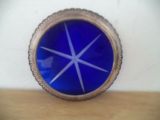 VINTAGE FILIGREE Silver Plate COBALT Blue Etch Glass Shining Star Design 3 7/8 
