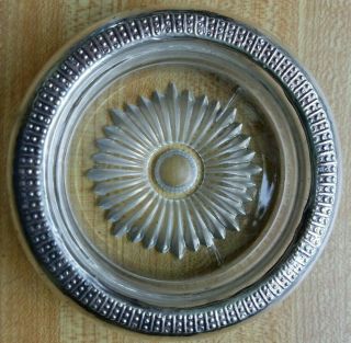 Mid Century Sterling Silver Beaded Wine Glass Coaster 5.  5 " Carved Glass Insert