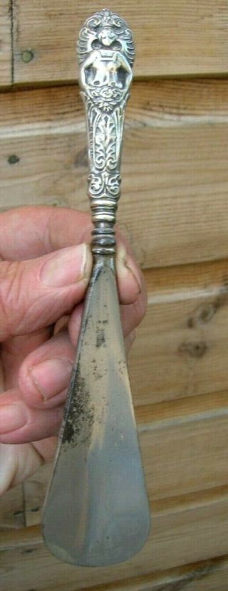 Late 1800s Art Nouveau Silver Handled Shoe Horn - Decorated With Woman