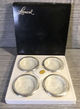 Set Of 4 Leonard Crystal And Silver Plate Coasters Nib