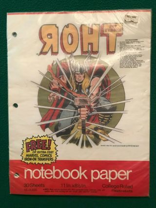 Vintage 1975 Mighty Thor Marvel Mead Notebook Paper W/ Iron On Transfer