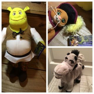 Dreamworks Shrek 14” W/ Donkey 2003 & Puss In Boots Plush Toys Vintage Rare