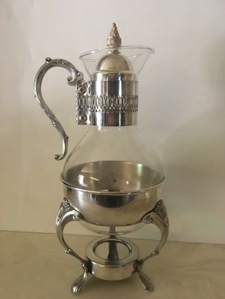 Vtg Corning Brand Glass Coffee Carafe & Matching Silver Plated Warming Stand