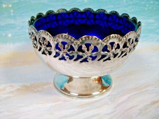 Vintage Cobalt Blue Glass Sugar Bowl With Celtic Quality Plate Carrier