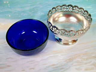 VINTAGE COBALT BLUE GLASS SUGAR BOWL WITH CELTIC QUALITY PLATE CARRIER 4