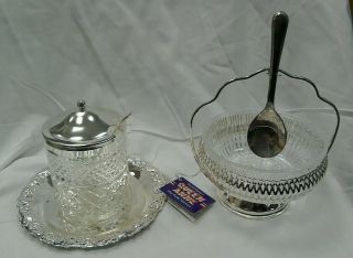 Queen Anne Silver - Plated Jam Dish With Spoon And Silver - Plated Honeypot