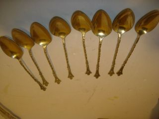 8 Ornate Figural Silver Plate W/ Gold Wash Vintage Demitasse Tea Spoons