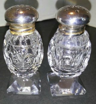 Vintage Pair Crystal Glass Salt & Pepper Shakers With Sterling Silver Tops