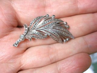 Vintage Sterling Silver Brooch With Marcasite In The Shape Of A Fern Leaf