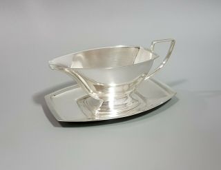 Art Deco Silver Plate Sauce Gravy Boat On Stand Serving Dish Oval Vintage Retro